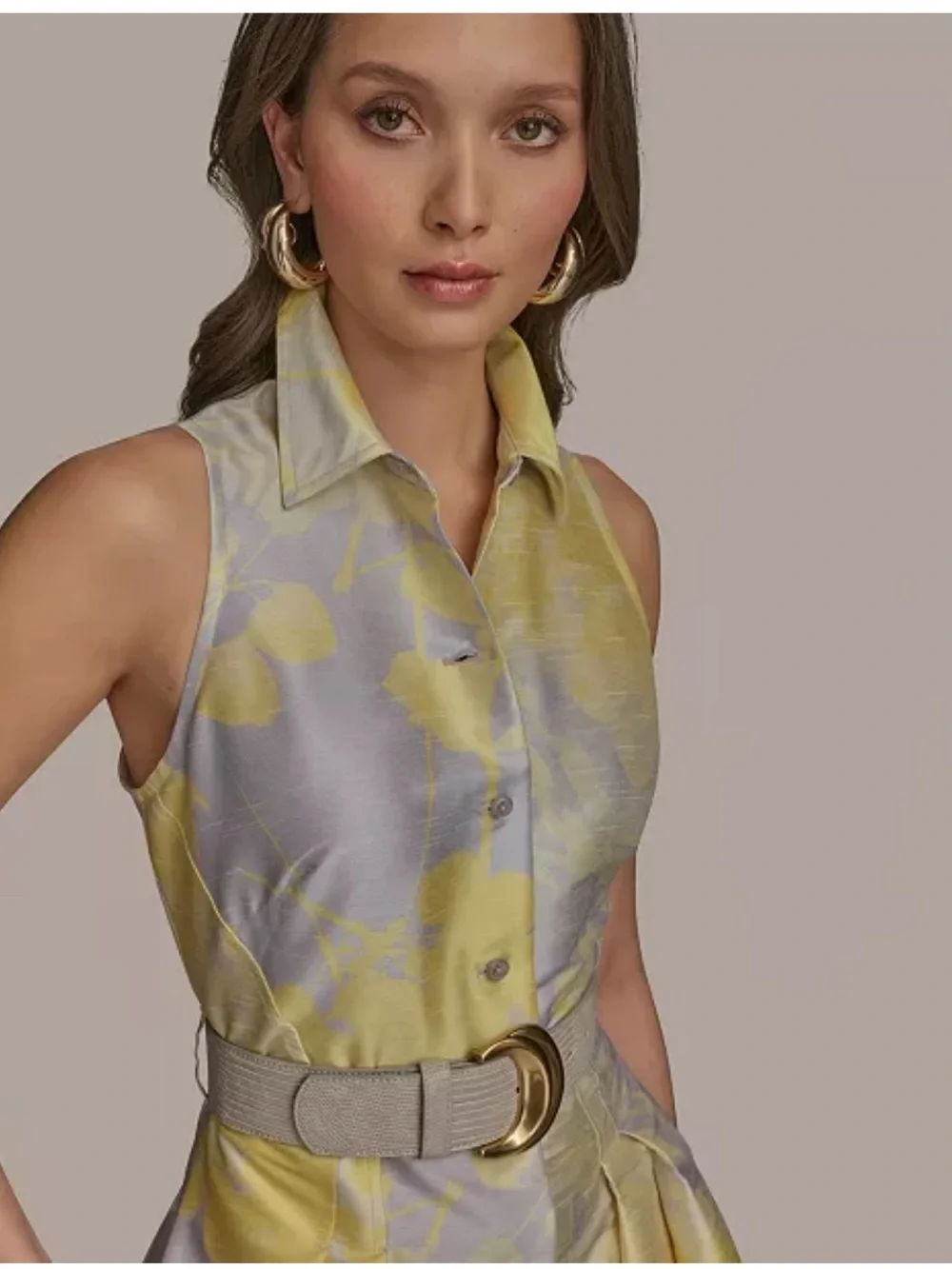 Donna Karan Yellow and Silver Floral Sleeveless Midi Dress - Picture 3 of 8